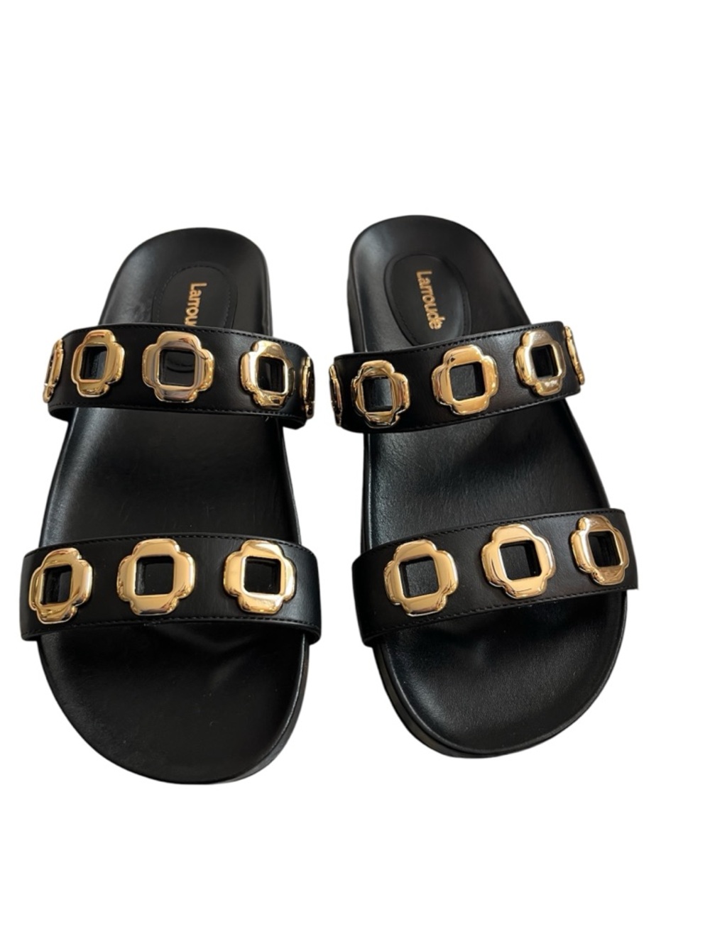 Larroude Milan Black Leather Double-Strap Slide Sandals with Gold Accents